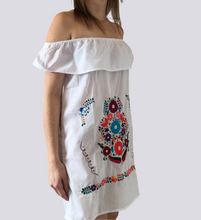 Load image into Gallery viewer, Handmade Women's White Off the Shoulder Embroidered Mexican Dress - Size Medium - Mexican Wedding - Mexican Fiesta Dress - Vestido Bordado