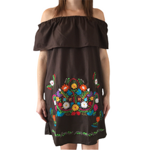 Load image into Gallery viewer, Women's Off the Shoulder Embroidered Brown Mexican Dress - Handmade in Oaxaca, Mexico - Size Medium - Mexican Fiesta - Mexican Wedding