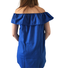 Load image into Gallery viewer, Handmade Women's Off the Shoulder Blue Embroidered Mexican Dress - Size Medium - Oaxaca, Mexico - Artesanias Mexicanas - Bordados Mexicanos