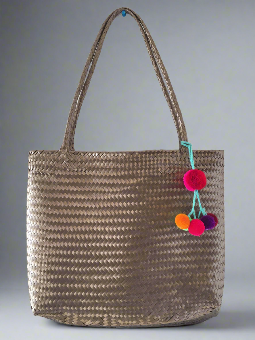 Handmade Brown Woven Mexican Tote Bag Pom Pom Mexican Palm Bag