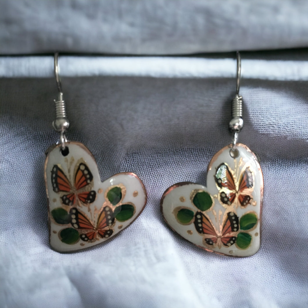 Handmade Mexican Copper Heart Earrings - Hand Painted