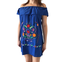 Load image into Gallery viewer, Handmade Women's Off the Shoulder Blue Embroidered Mexican Dress - Size Medium - Oaxaca, Mexico - Artesanias Mexicanas - Bordados Mexicanos