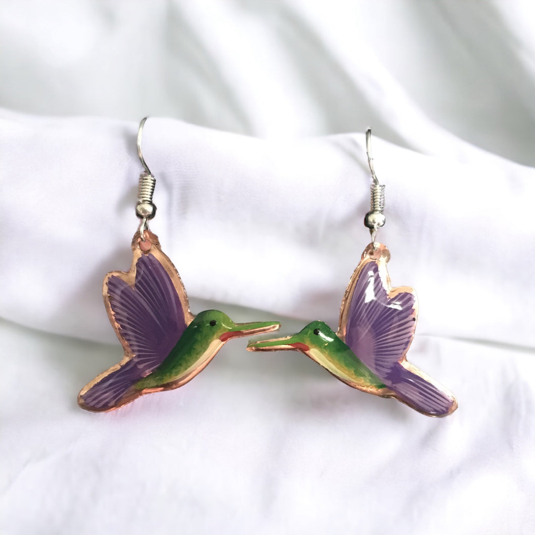 Handmade Mexican Copper Hummingbird Earrings - Hand Painted