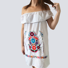 Load image into Gallery viewer, Handmade Women's White Off the Shoulder Embroidered Mexican Dress - Size Medium - Mexican Wedding - Mexican Fiesta Dress - Vestido Bordado