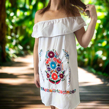 Load image into Gallery viewer, Handmade Women's White Off the Shoulder Embroidered Mexican Dress - Size Medium - Mexican Wedding - Mexican Fiesta Dress - Vestido Bordado