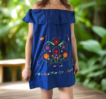 Load image into Gallery viewer, Handmade Women's Off the Shoulder Blue Embroidered Mexican Dress - Size Medium - Oaxaca, Mexico - Artesanias Mexicanas - Bordados Mexicanos