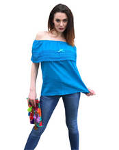 Load image into Gallery viewer, Women's Handmade Off the Shoulder Mexican Peasant Blouse - Size Medium - Yellow Mexican Blouse - Black Mexican Blouse - Blusa Artesanal