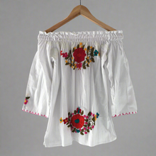 Load image into Gallery viewer, Women's Handmade Off the Shoulder Hand Embroidered Floral Mexican Blouse - Size Small - Traditional Mexican Top - Blusa Artesanal Mexiana