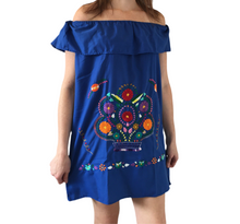 Load image into Gallery viewer, Handmade Women's Off the Shoulder Blue Embroidered Mexican Dress - Size Medium - Oaxaca, Mexico - Artesanias Mexicanas - Bordados Mexicanos