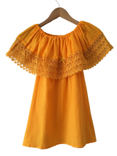 Load image into Gallery viewer, Women's Handmade Off the Shoulder Mexican Peasant Blouse - Size Medium - Yellow Mexican Blouse - Black Mexican Blouse - Blusa Artesanal