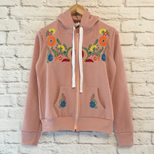 Load image into Gallery viewer, Women&#39;s Pink Floral Embroidered Mexican Sweatshirt - Embroidered Mexican Hoodie with a Zipper - Sudadera Bordada Mexicana
