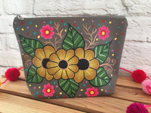 Load image into Gallery viewer, Hand Painted Floral Mexican Cosmetic Bag - Vegan Cruelty Free Makeup Bag - Bohemian Cosmetic Bag - Bolsa Cosmetica - Artesanias