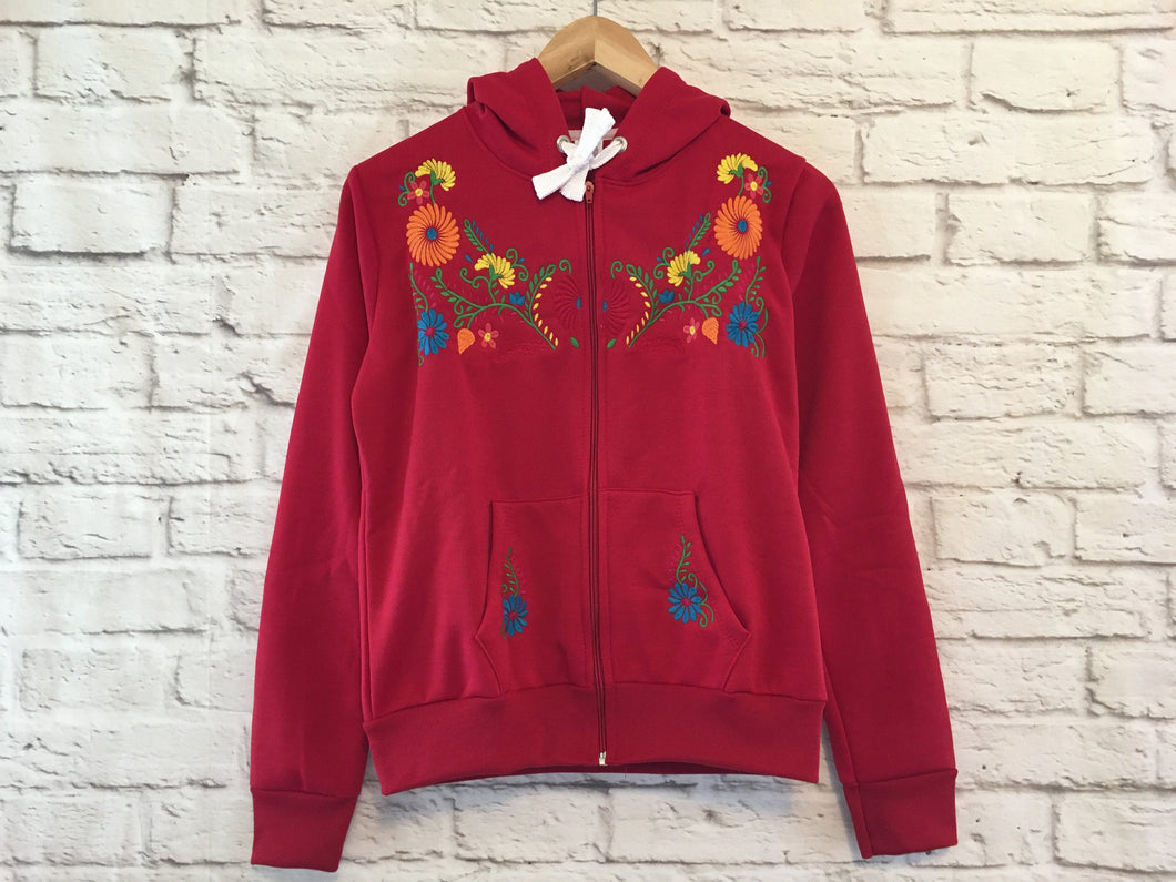 Women's Red Floral Embroidered Mexican Sweatshirt - Embroidered Mexican Hoodie with a Zipper - Sudadera Bordada Mexicana