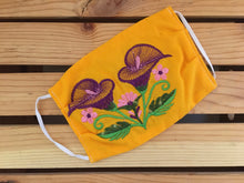 Load image into Gallery viewer, Handmade Floral Embroidered Mexican Face Mask - Blue Flower Fabric Face Mask - Cubrebocas Mexicanas - Topabocas - Hecho a Mano en Mexico