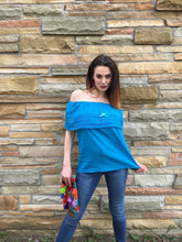 Load image into Gallery viewer, Women's Handmade Off the Shoulder Mexican Peasant Blouse - Size Medium - Yellow Mexican Blouse - Black Mexican Blouse - Blusa Artesanal