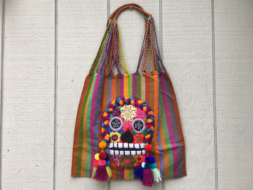 Handmade Embroidered Mexican Sugar Skull Woven Tote Bag - Dia de los Muertos