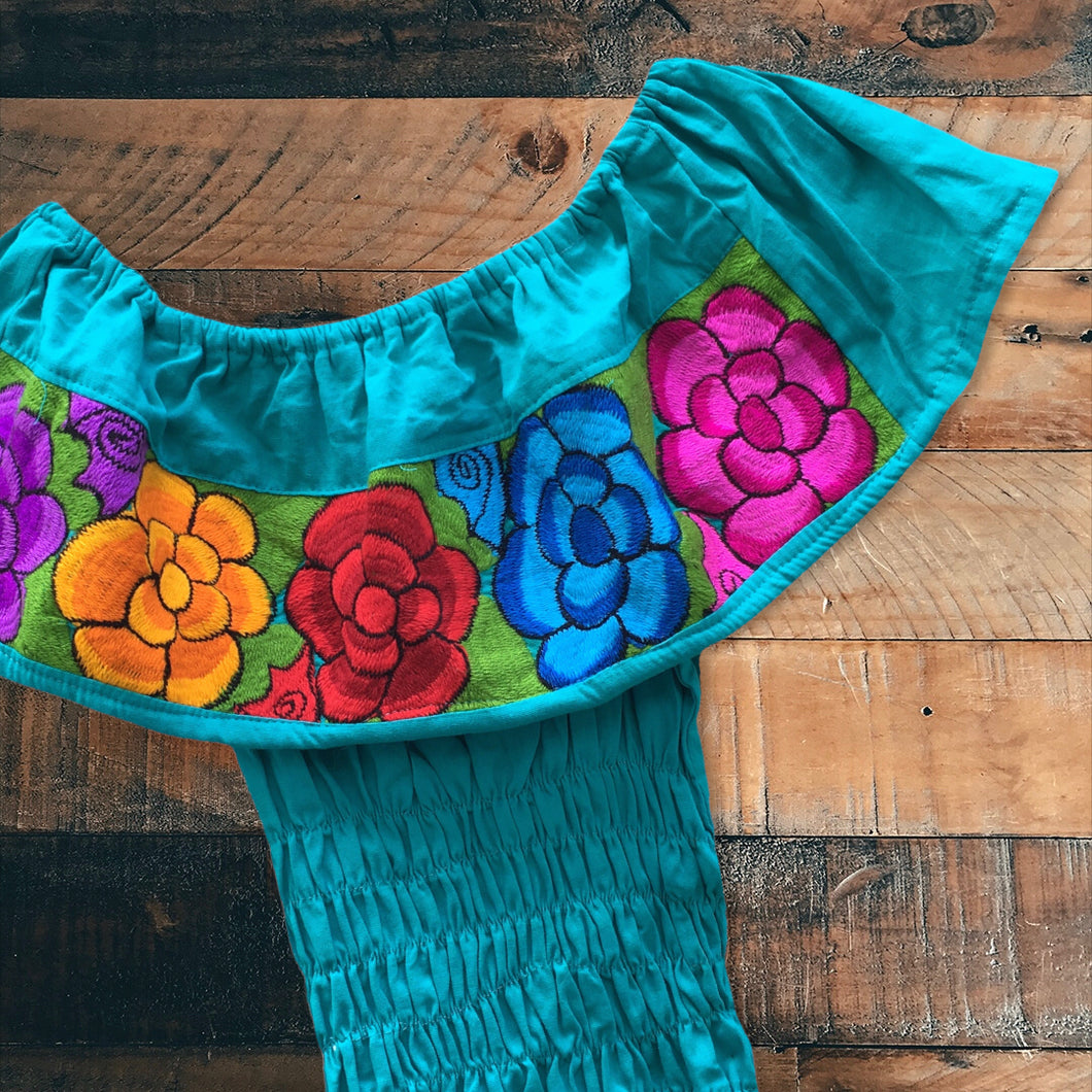 Women's Handmade Floral Embroidered Mexican Crop Top Blouse - Size Medium