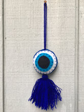 Load image into Gallery viewer, Handmade Hand Embroidered Mexican Felt Evil Eye Pom Pom Tassel - Blue
