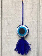 Load image into Gallery viewer, Handmade Hand Embroidered Mexican Felt Evil Eye Pom Pom Tassel - Blue