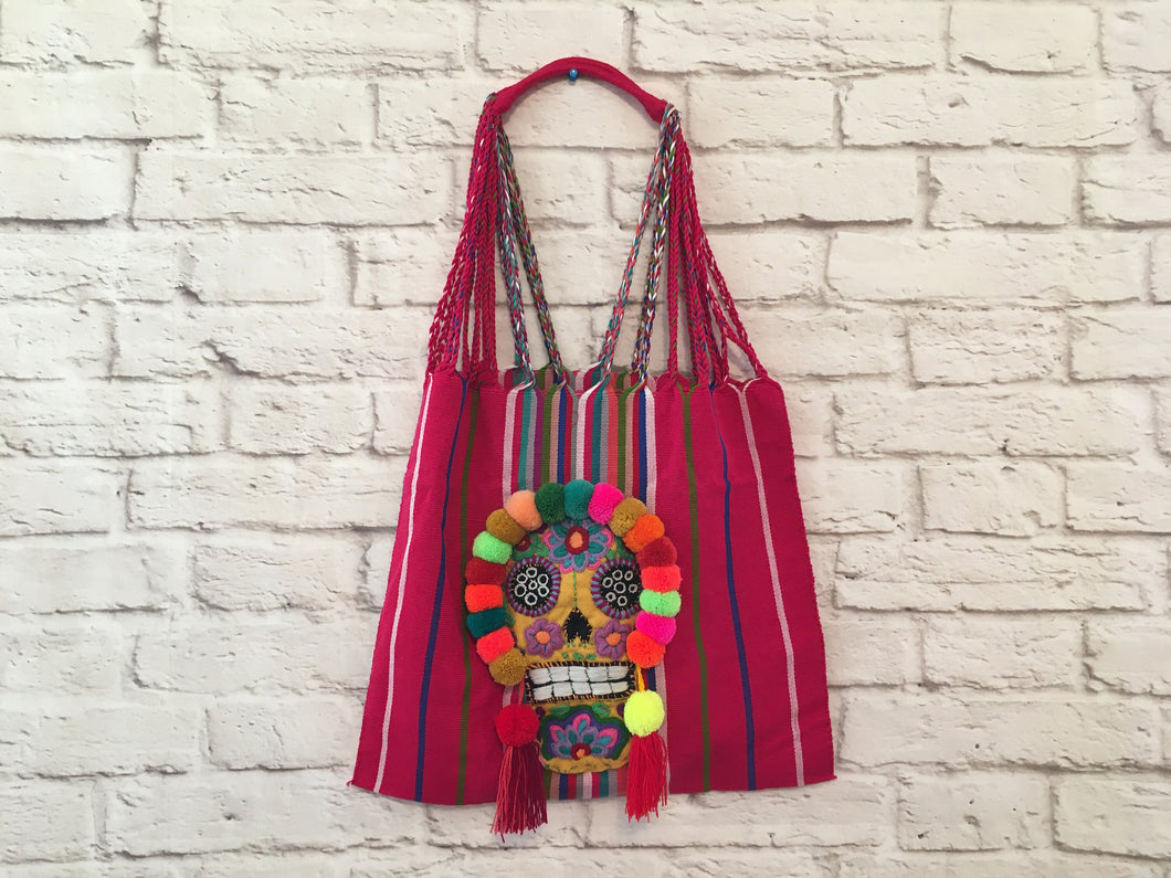 Handmade Embroidered Mexican Sugar Skull Tote Bag - Hand Woven Cotton Bag - Dia de los Muertos Tote Bag - Catrina Mexicana - Artesanias
