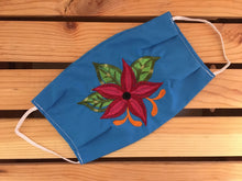 Load image into Gallery viewer, Handmade Floral Embroidered Mexican Face Mask - Blue Flower Fabric Face Mask - Cubrebocas Mexicanas - Topabocas - Hecho a Mano en Mexico