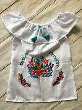 Load image into Gallery viewer, Girls Mexican Dress - Embroidered Girls Dress - Girls Mexican Fiesta Dress - White Mexican Dress - Vestiditio Bordado Artesanal