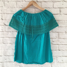 Load image into Gallery viewer, Women's Handmade Off the Shoulder Mexican Peasant Blouse - Size Medium - Yellow Mexican Blouse - Black Mexican Blouse - Blusa Artesanal