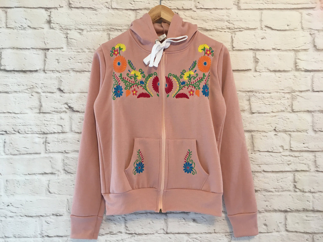 Women's Pink Floral Embroidered Mexican Sweatshirt - Embroidered Mexican Hoodie with a Zipper - Sudadera Bordada Mexicana