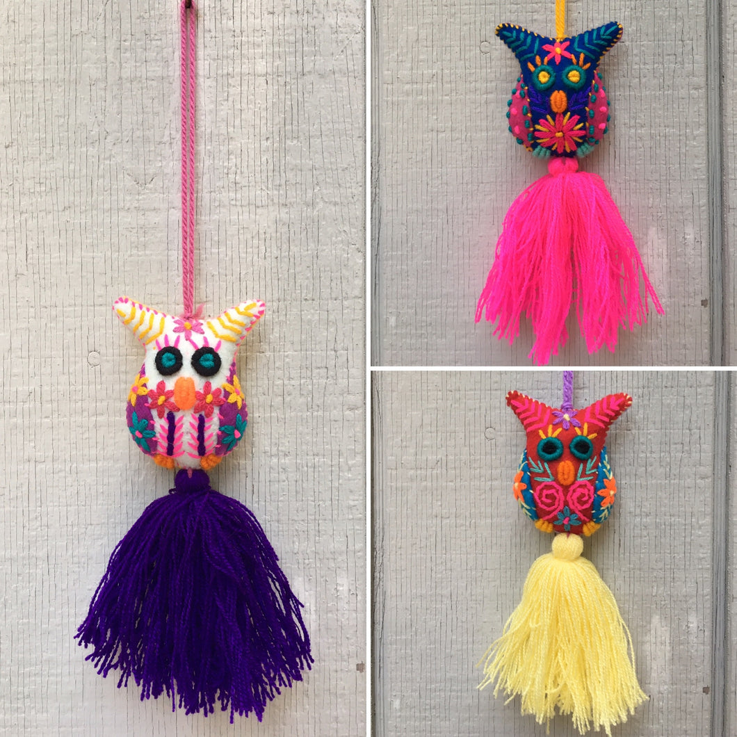 Handmade Embroidered Mexican Felt Owl Pom Pom Tassel - Owl Gift - Owl Decor
