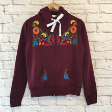Load image into Gallery viewer, Women&#39;s Maroon Red Floral Embroidered Mexican Sweatshirt - Embroidered Mexican Hoodie with a Zipper - Sudadera Bordada Mexicana

