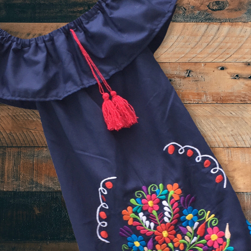 Handmade Girls Off the Shoulder Embroidered Mexican Dress - Size 6