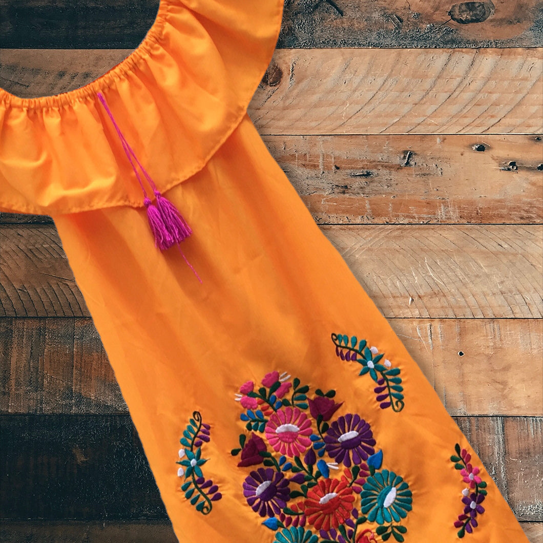Handmade Girls Off the Shoulder Embroidered Mexican Dress - Size 10
