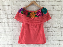 Load image into Gallery viewer, Women&#39;s Handmade Off the Shoulder Floral Embroidered Mexican Blouse - Size Medium - Blusa Mexicana Artesanal - Mexican Fiesta Blouse
