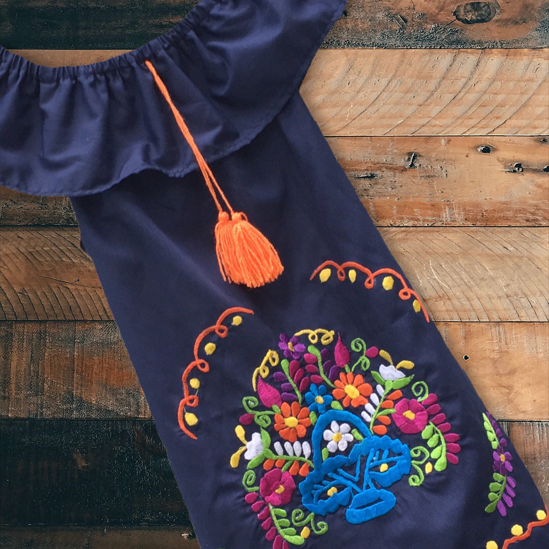 Handmade Girls Off the Shoulder Embroidered Mexican Dress