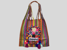 Load image into Gallery viewer, Handmade Embroidered Mexican Sugar Skull Woven Tote Bag - Dia de los Muertos
