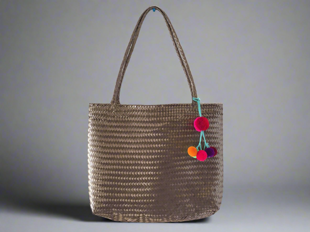 Handmade Brown Woven Mexican Tote Bag Pom Pom Mexican Palm Bag