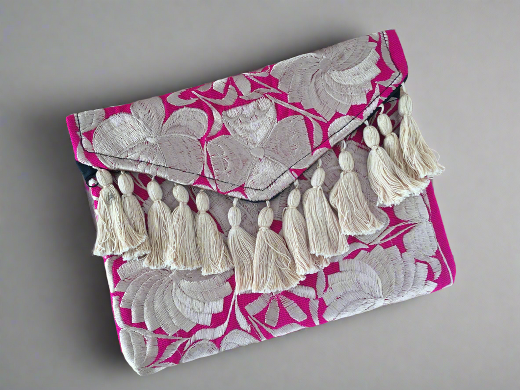 Handmade Mexican Floral Embroidered Pom Pom Clutch Purse Crossbody Bag - Envelope Style Clutch Bag - Artesanias Mexicanas - Bolsa Mexicana