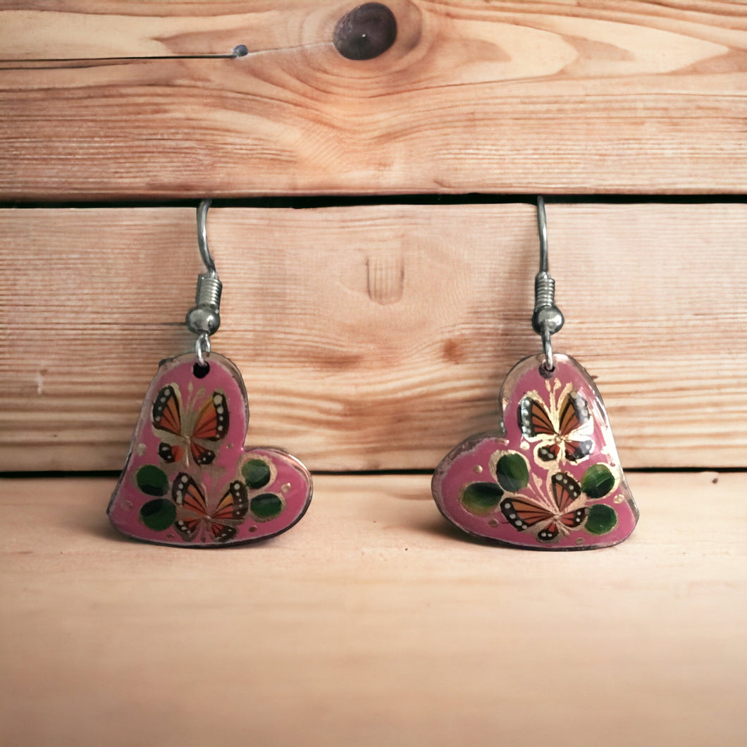 Handmade Mexican Copper Heart Earrings - Hand Painted