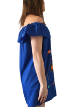 Load image into Gallery viewer, Handmade Women&#39;s Off the Shoulder Blue Embroidered Mexican Dress - Size Medium - Oaxaca, Mexico - Artesanias Mexicanas - Bordados Mexicanos
