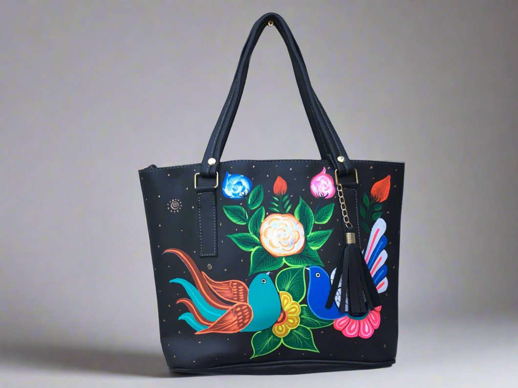 Hand Painted Mexican Tote Bag Purse Handbag - Synthetic Vegan Leather Bag