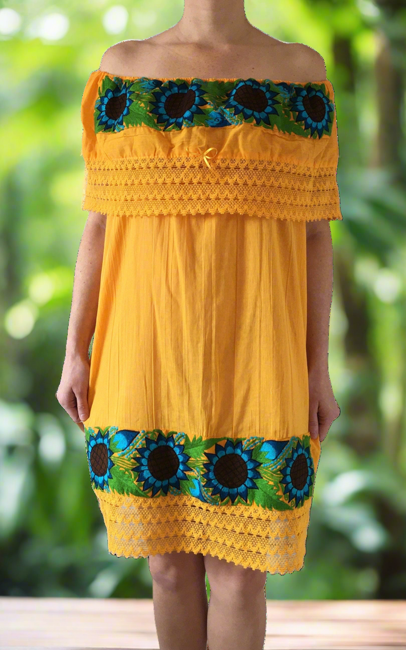Handmade Women's Yellow Off the Shoulder Embroidered Mexican Dress - Size Medium - Mexican Wedding - Mexican Fiesta Dress - Vestido Bordado Handmade Women's Yellow Off the Shoulder Embroidered Mexican Dress - Size Medium - Mexican Wedding - Mexican Fiesta Dress - Vestido Bordado