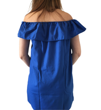 Load image into Gallery viewer, Handmade Women&#39;s Off the Shoulder Blue Embroidered Mexican Dress - Size Medium - Oaxaca, Mexico - Artesanias Mexicanas - Bordados Mexicanos
