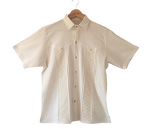 Load image into Gallery viewer, Handmade Men&#39;s Off White Mexican Guayabera Shirt - Sizes: Small, Medium, Large &amp; XL - Handmade in Chiapas, Mexico - Men&#39;s Mexican Clothing
