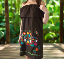 Load image into Gallery viewer, Women&#39;s Off the Shoulder Embroidered Brown Mexican Dress - Handmade in Oaxaca, Mexico - Size Medium - Mexican Fiesta - Mexican Wedding
