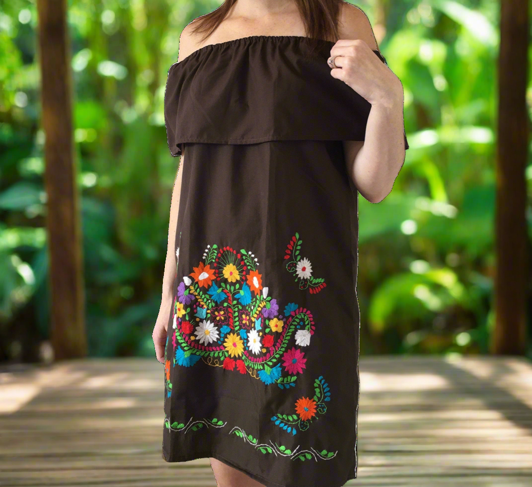 Women's Off the Shoulder Embroidered Brown Mexican Dress - Handmade in Oaxaca, Mexico - Size Medium - Mexican Fiesta