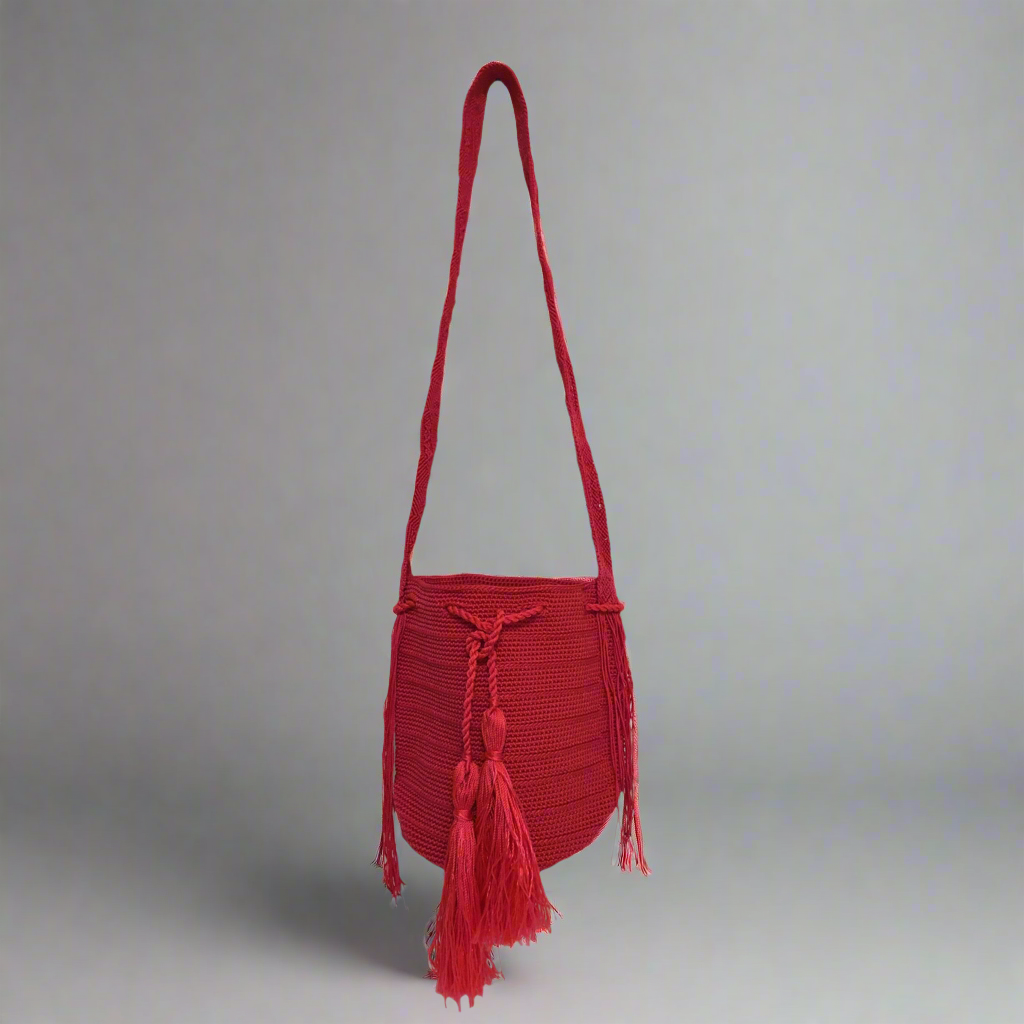 Handmade Crocheted Mexican Satchel Bag Purse - Mayan Morral Bag with Tassels