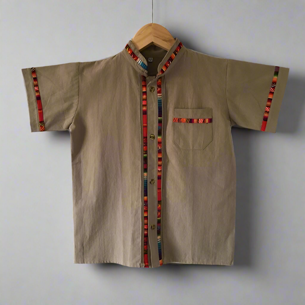 Boy's Traditional Handmade Mexican Guayabera Shirt - Brown