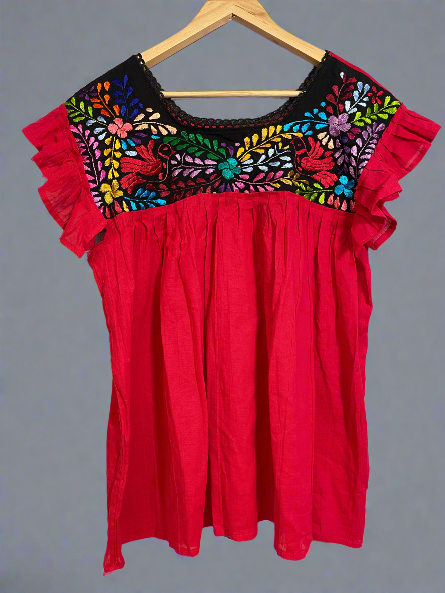 Handmade Embroidered Mexican Floral Paloma Blouse - Size Large
