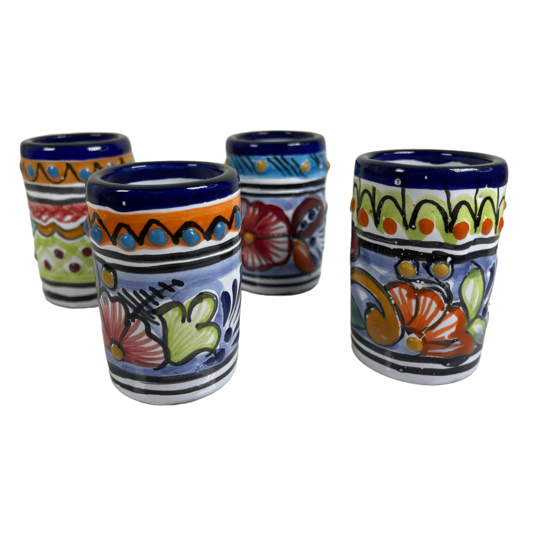 Set of 4 Handmade Mexican Talavera Pottery Shot Glasses - 2oz - Tequila