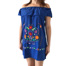 Load image into Gallery viewer, Handmade Women&#39;s Off the Shoulder Blue Embroidered Mexican Dress - Size Medium - Oaxaca, Mexico - Artesanias Mexicanas - Bordados Mexicanos
